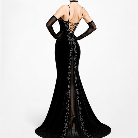 Vintage Black Velvet Mesh Silver Embroidered Knit Maxi Cocktail Formal Prom Dress Size M/L