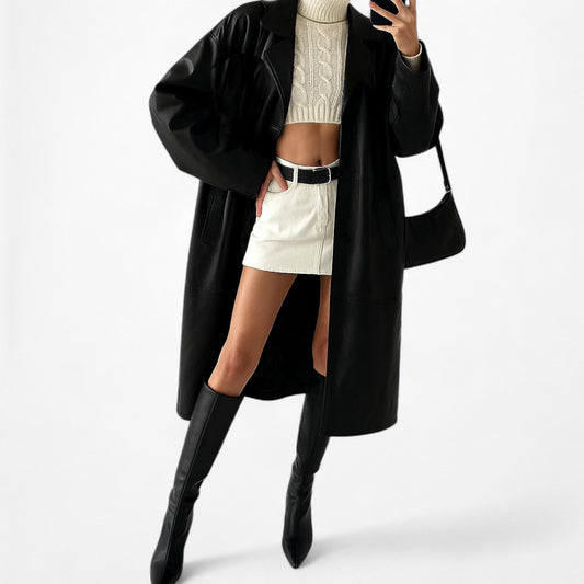 Vintage Black Leather Full Length Button Down Front Coat Jacket Size L