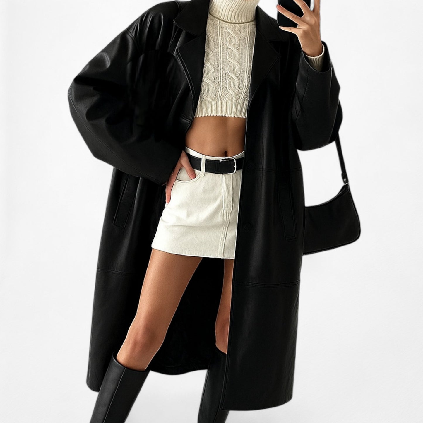 Vintage Black Leather Full Length Button Down Front Coat Jacket Size L