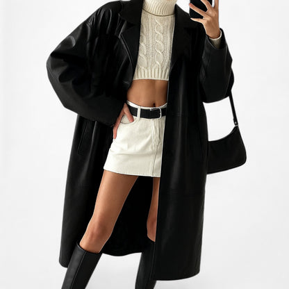 Vintage Black Leather Full Length Button Down Front Coat Jacket Size L