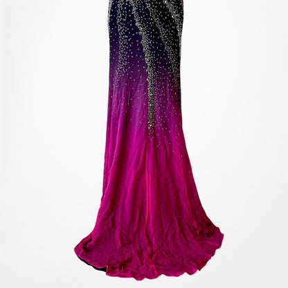 Vintage Y2K Purple Pink Silk Strapless Bodycon Beaded Maxi Prom Dress Size XS