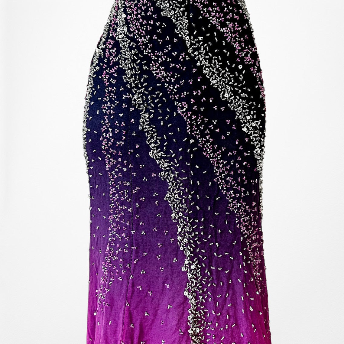 Vintage Y2K Purple Pink Silk Strapless Bodycon Beaded Maxi Prom Dress Size XS
