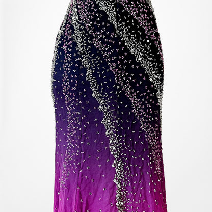 Vintage Y2K Purple Pink Silk Strapless Bodycon Beaded Maxi Prom Dress Size XS