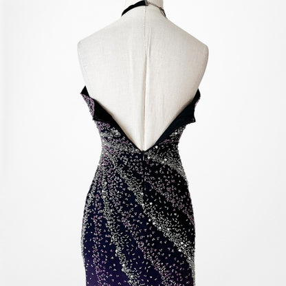 Vintage Y2K Purple Pink Silk Strapless Bodycon Beaded Maxi Prom Dress Size XS