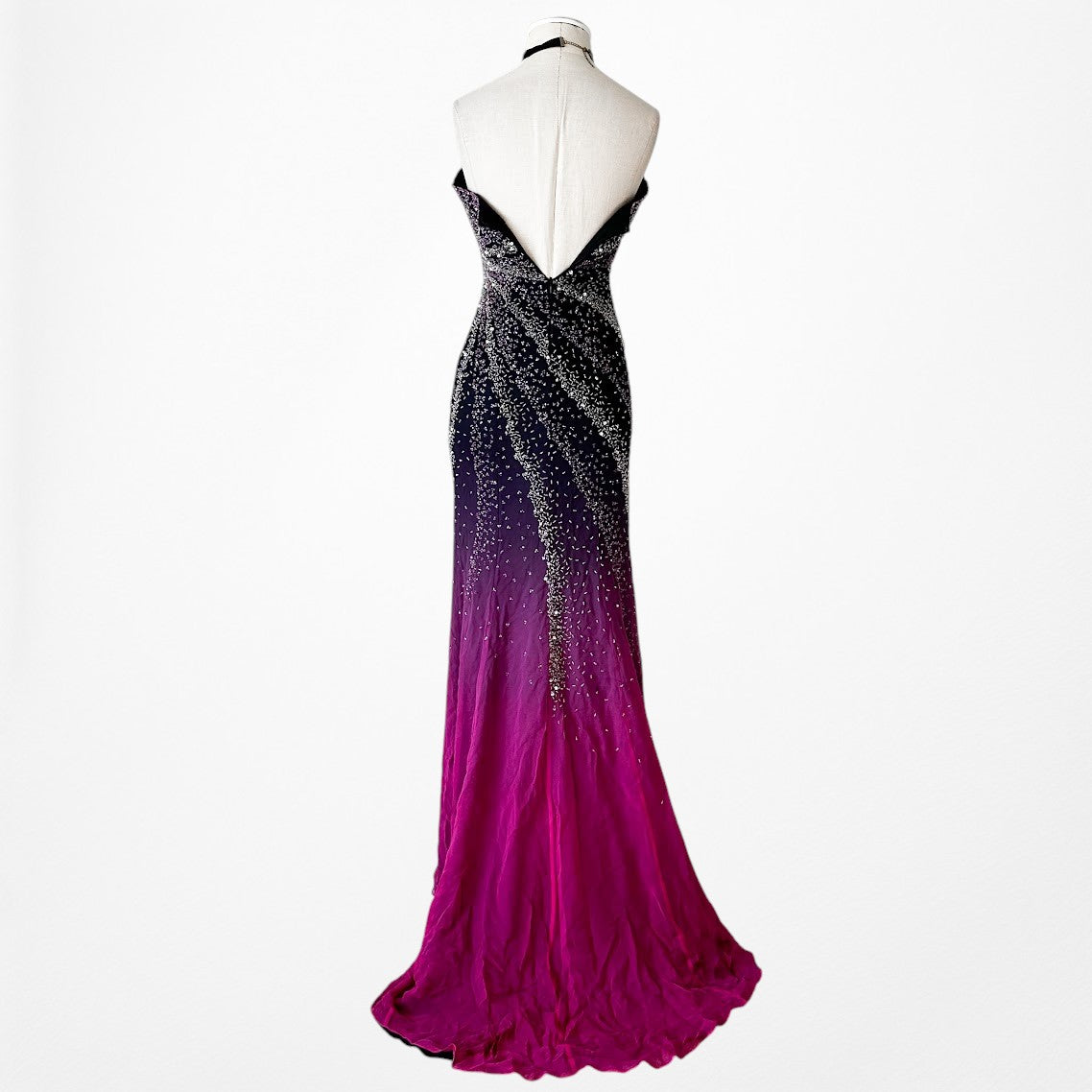 Vintage Y2K Purple Pink Silk Strapless Bodycon Beaded Maxi Prom Dress Size XS