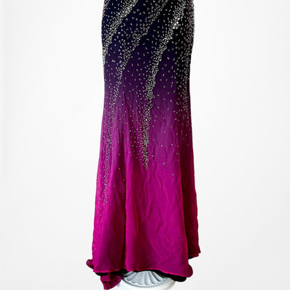 Vintage Y2K Purple Pink Silk Strapless Bodycon Beaded Maxi Prom Dress Size XS