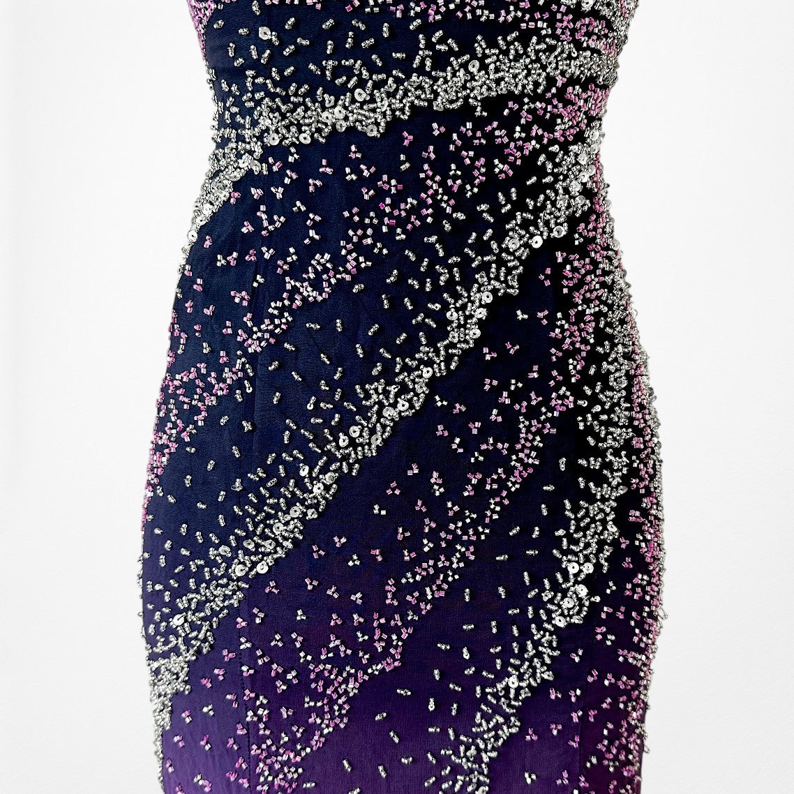 Vintage Y2K Purple Pink Silk Strapless Bodycon Beaded Maxi Prom Dress Size XS
