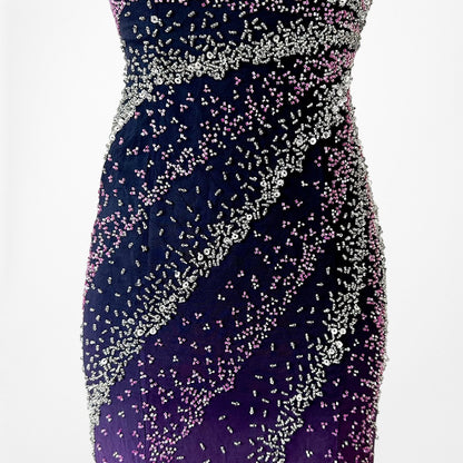 Vintage Y2K Purple Pink Silk Strapless Bodycon Beaded Maxi Prom Dress Size XS
