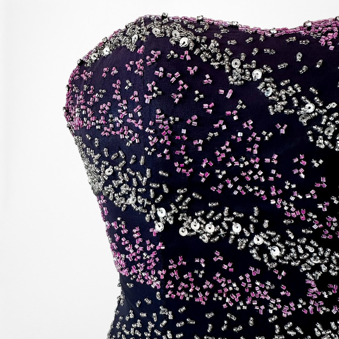 Vintage Y2K Purple Pink Silk Strapless Bodycon Beaded Maxi Prom Dress Size XS