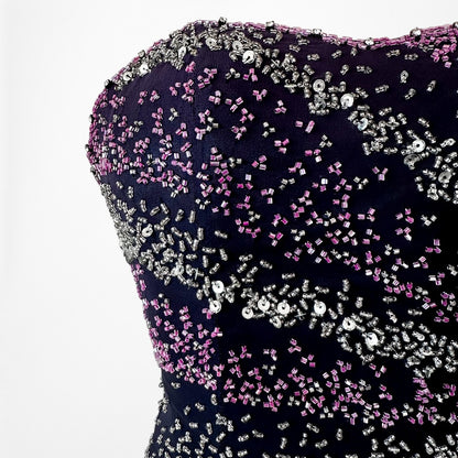 Vintage Y2K Purple Pink Silk Strapless Bodycon Beaded Maxi Prom Dress Size XS