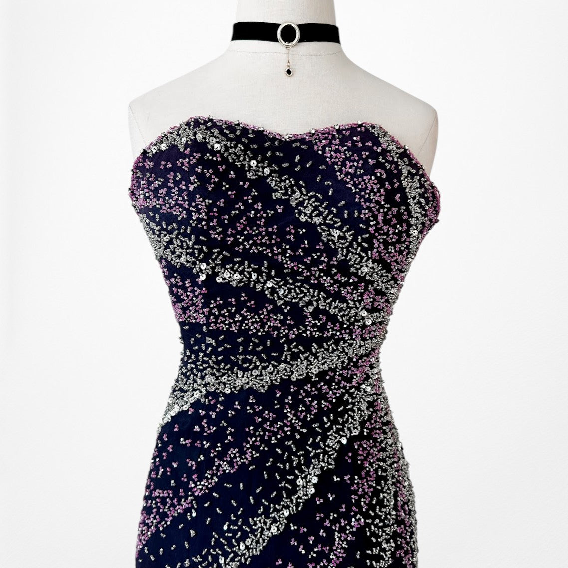 Vintage Y2K Purple Pink Silk Strapless Bodycon Beaded Maxi Prom Dress Size XS