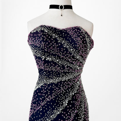 Vintage Y2K Purple Pink Silk Strapless Bodycon Beaded Maxi Prom Dress Size XS