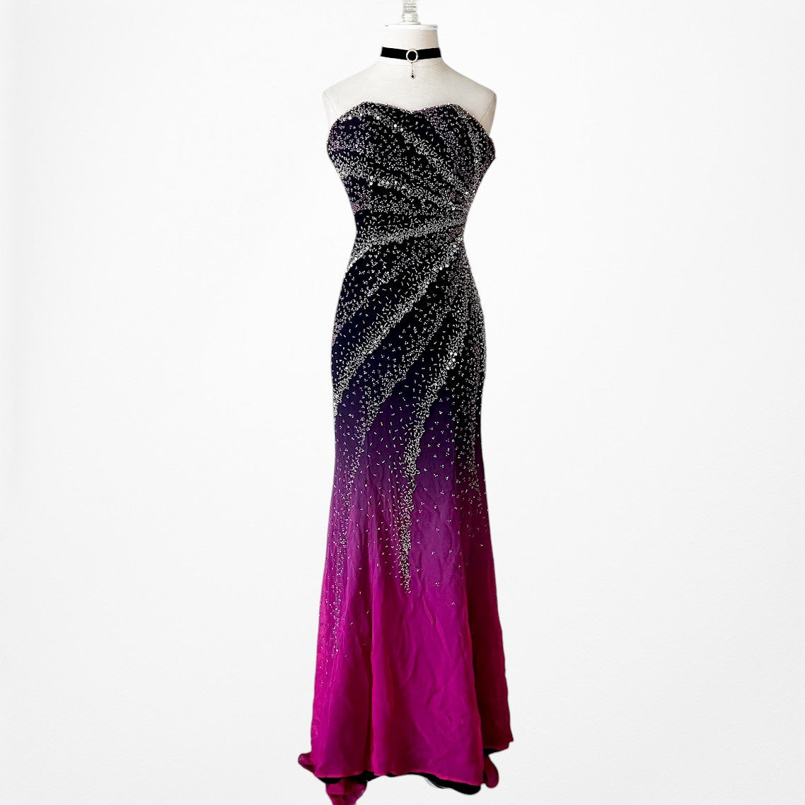 Vintage Y2K Purple Pink Silk Strapless Bodycon Beaded Maxi Prom Dress Size XS