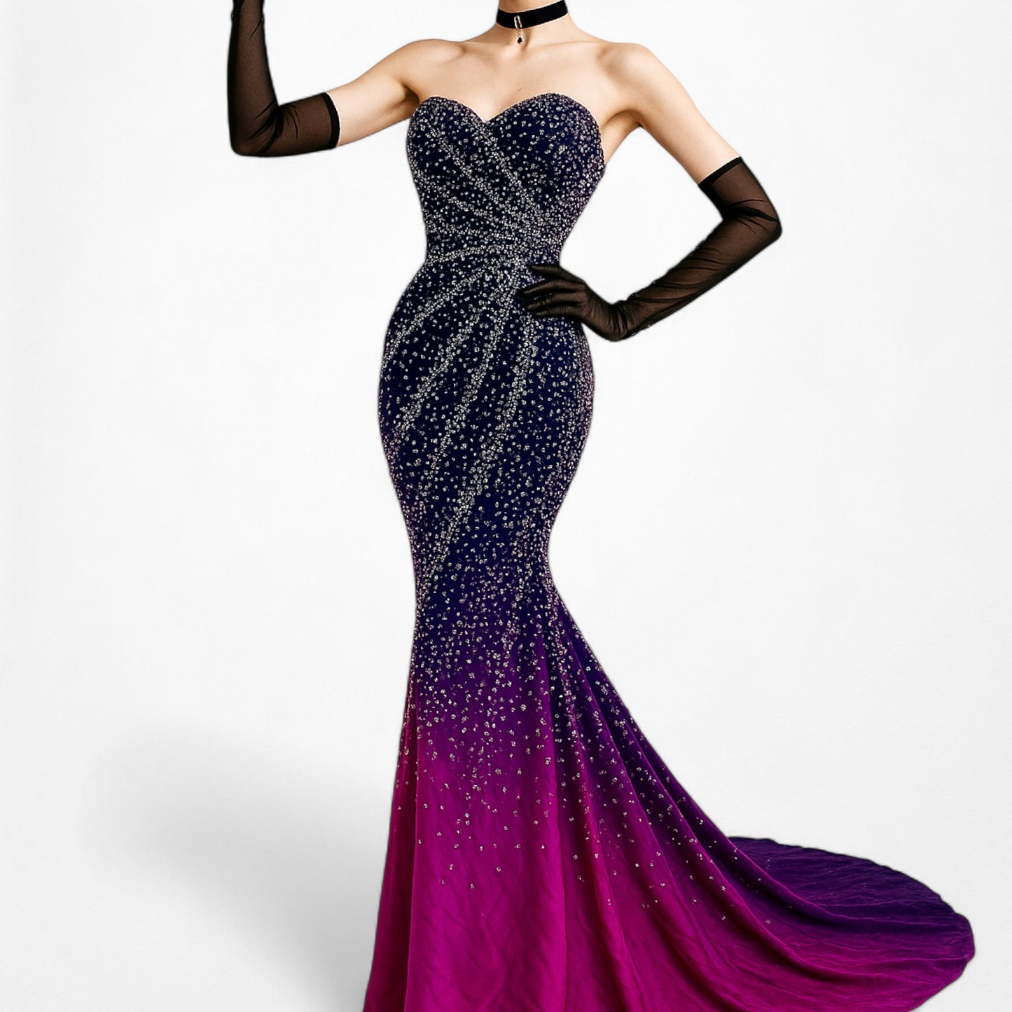 Vintage Y2K Purple Pink Silk Strapless Bodycon Beaded Maxi Prom Dress Size XS