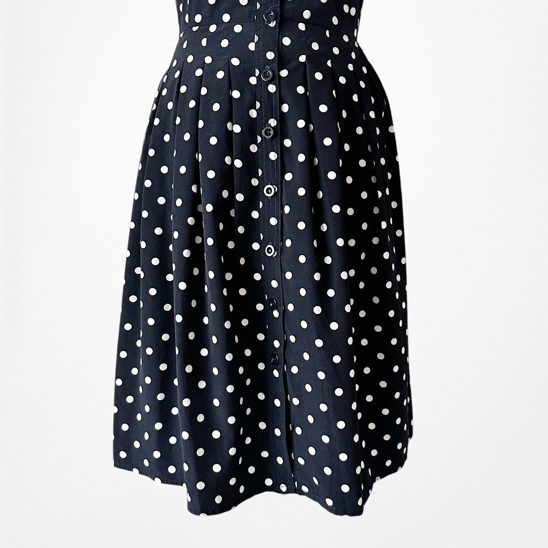 Vintage Y2K Blue Black Polka Dot Button Front Flared Pleated Dress Size M
