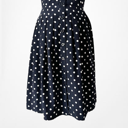 Vintage Y2K Blue Black Polka Dot Button Front Flared Pleated Dress Size M