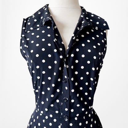 Vintage Y2K Blue Black Polka Dot Button Front Flared Pleated Dress Size M