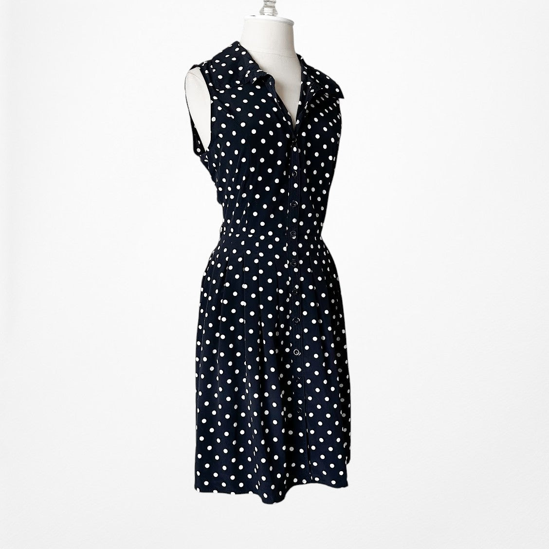 Vintage Y2K Blue Black Polka Dot Button Front Flared Pleated Dress Size M