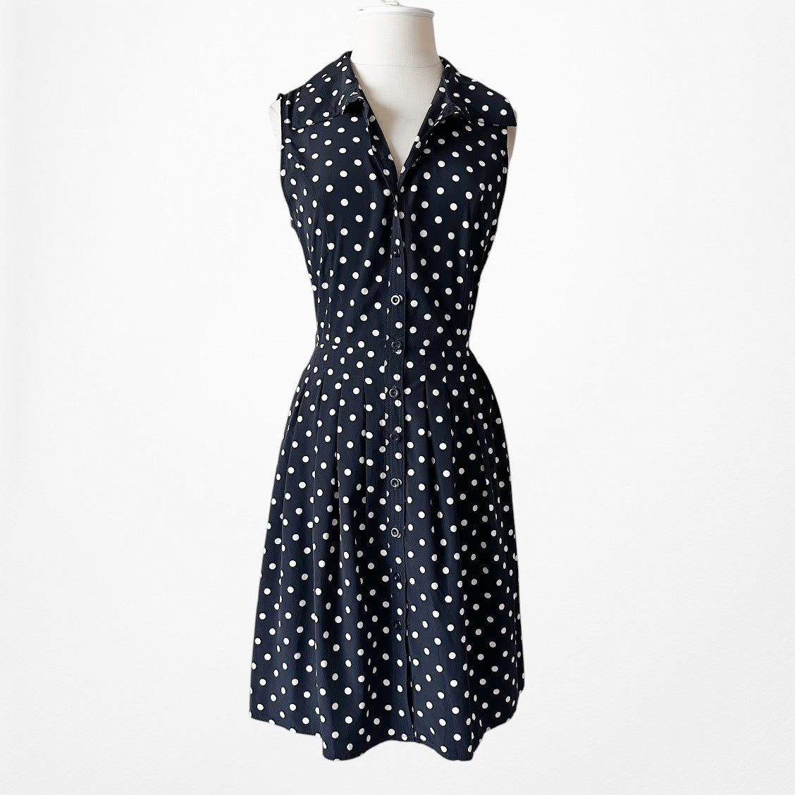 Vintage Y2K Blue Black Polka Dot Button Front Flared Pleated Dress Size M