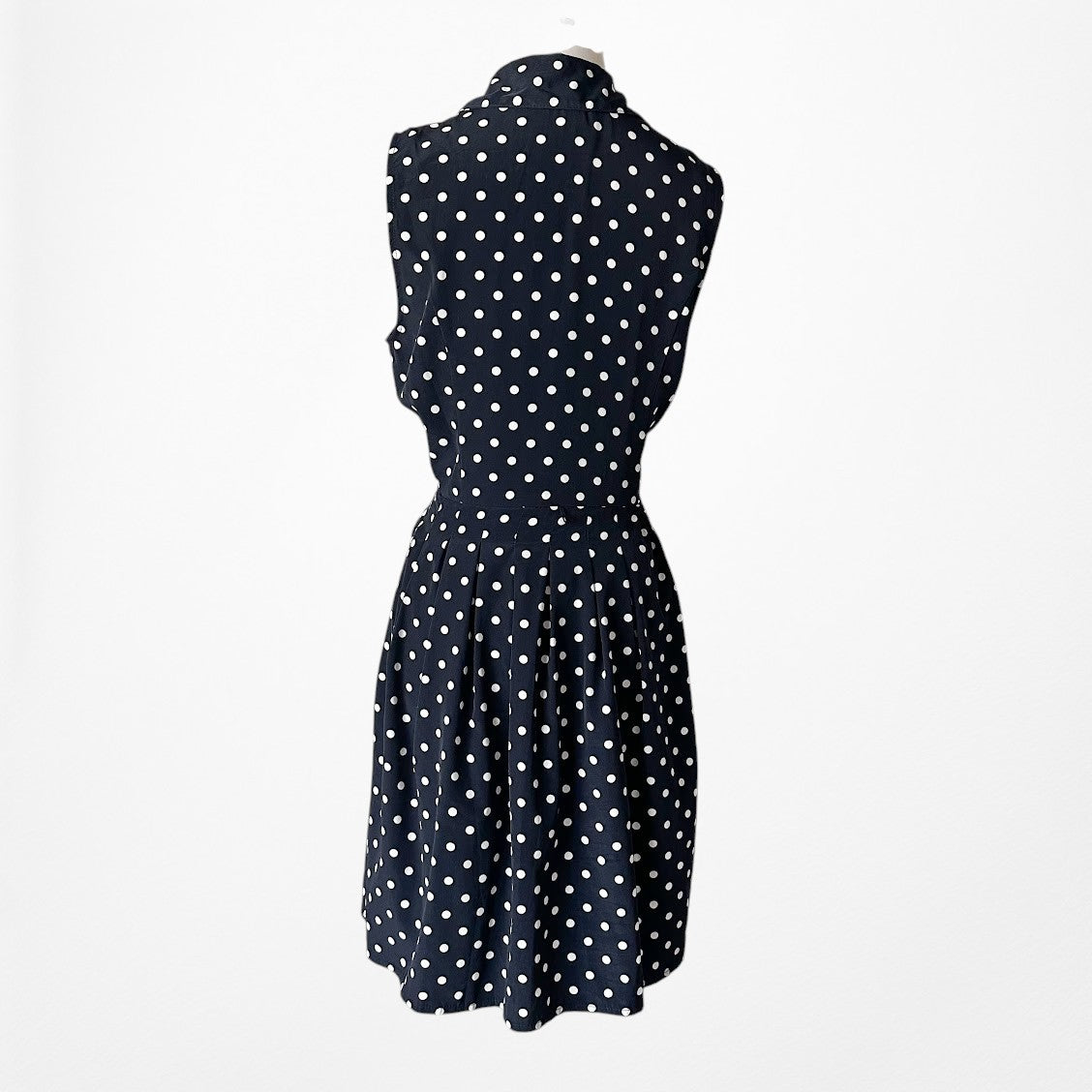 Vintage Y2K Blue Black Polka Dot Button Front Flared Pleated Dress Size M