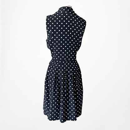 Vintage Y2K Blue Black Polka Dot Button Front Flared Pleated Dress Size M