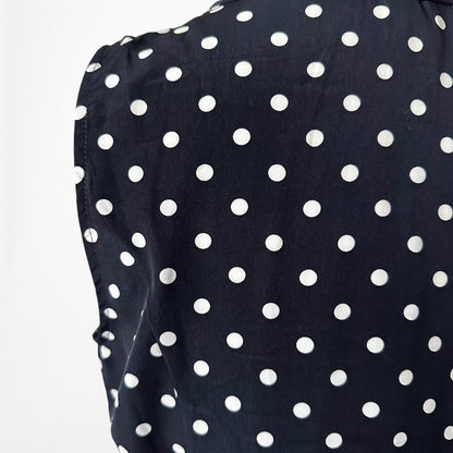 Vintage Y2K Blue Black Polka Dot Button Front Flared Pleated Dress Size M