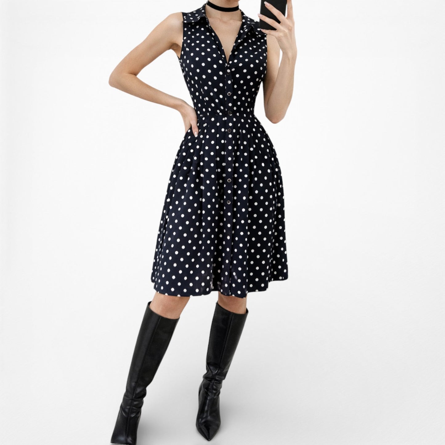 Vintage Y2K Blue Black Polka Dot Button Front Flared Pleated Dress Size M