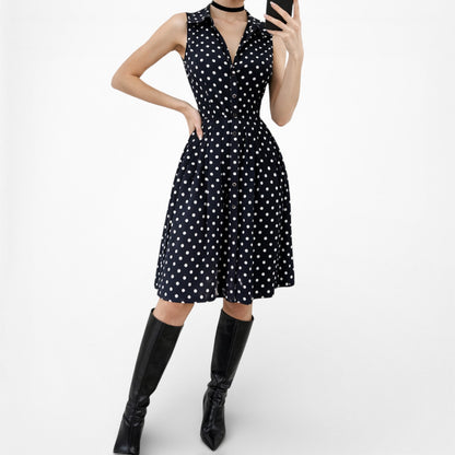 Vintage Y2K Blue Black Polka Dot Button Front Flared Pleated Dress Size M