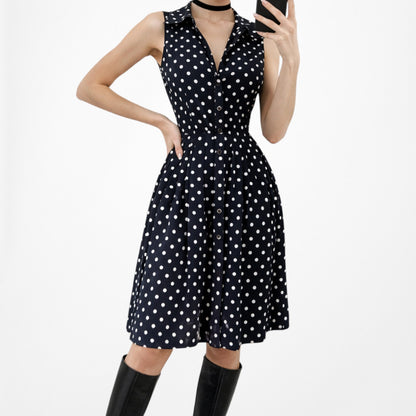 Vintage Y2K Blue Black Polka Dot Button Front Flared Pleated Dress Size M