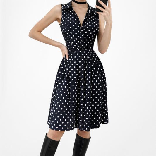 Vintage Y2K Blue Black Polka Dot Button Front Flared Pleated Dress Size M