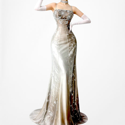 Vintage Y2K Gold Floral Beaded Babydoll Satin Fit Flared Maxi Prom Dress Size S