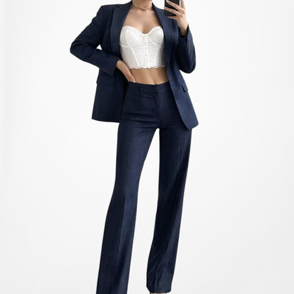 Vintage Y2K Navy Blue Padded Shoulder Blazer Straight Leg Pants Suit Set Size M