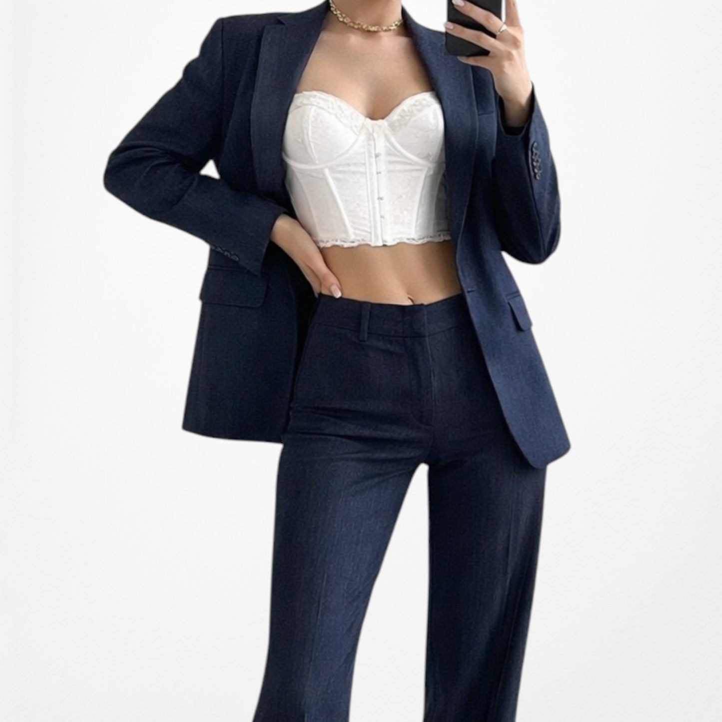 Vintage Y2K Navy Blue Padded Shoulder Blazer Straight Leg Pants Suit Set Size M