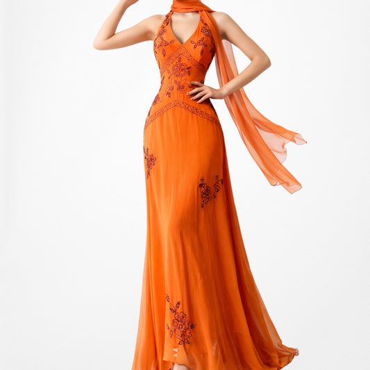 Vintage Orange Halter Floral Beaded Fit Flared Midi Formal Cocktail Prom Dress Size S/M