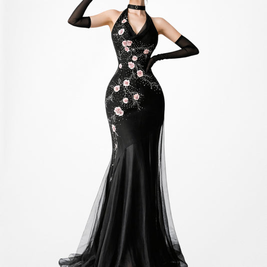 Black Pink Floral Beaded Silk Mesh Fit Flared Slip On Cocktail Formal Dress Size M/L