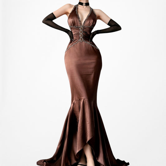 Vintage Brown Satin Fit Flared Beaded Rhinestone Formal Prom Dress Size S/M