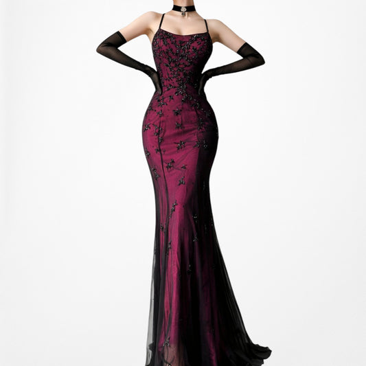 Vintage Pink Black Silk Floral Beaded Bodycon Maxi Formal Cocktail Prom Dress Size S/M