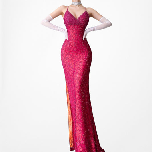 Vintage Pink Silk Beaded Side Slit Maxi Bodycon Formal Prom Dress Size XS