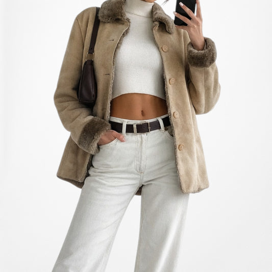 Vintage Brown Faux Fur Lined Trim Suede Teddy Jacket Coat Size S