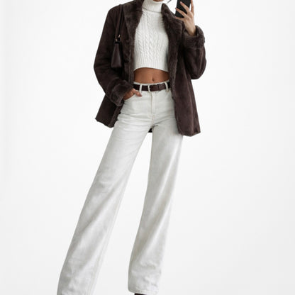 Brown Vintage Faux Fur Lined Suede Jacket Coat Cardigan Size M