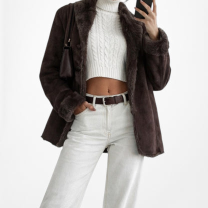 Brown Vintage Faux Fur Lined Suede Jacket Coat Cardigan Size M