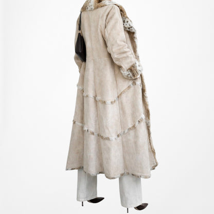 Brown Suede Leopard Faux Fur Lined Midi Penny Lane Teddy Coat Jacket Size L