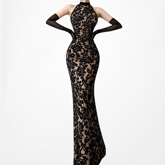 Vintage Brown Black Semi Sheer Knit Bodycon Maxi Cocktail Formal Dress Size XS/S