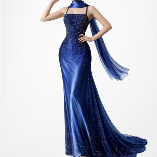 Vintage Y2K Blue Satin Ombre Beaded Babydoll Prom Dress Size M