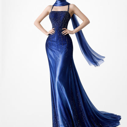 Vintage Y2K Blue Satin Ombre Beaded Babydoll Prom Dress Size M