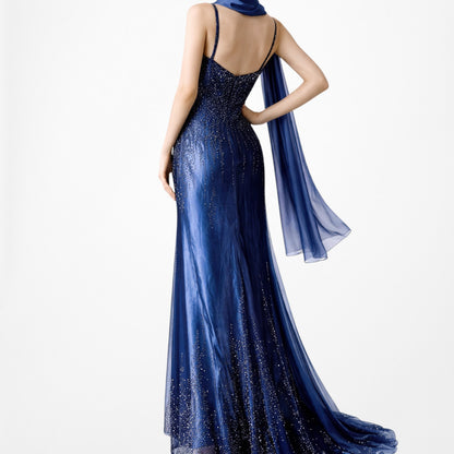 Vintage Y2K Blue Satin Ombre Beaded Babydoll Prom Dress Size M