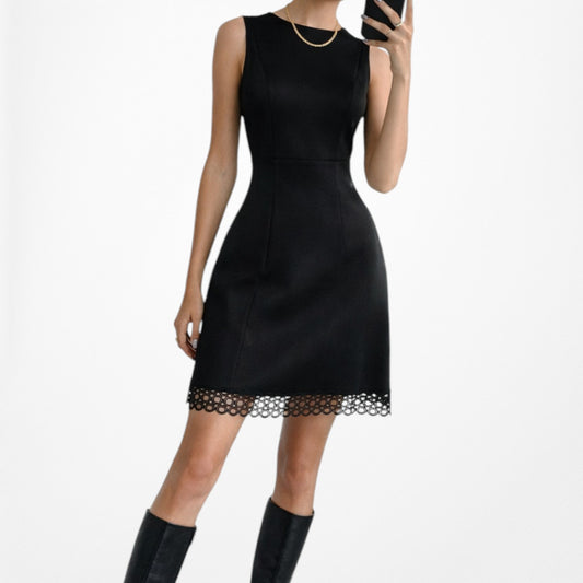 Vintage Y2K Black Sleeveless Cutout Trim Knee Length Flared Cocktail Dress M