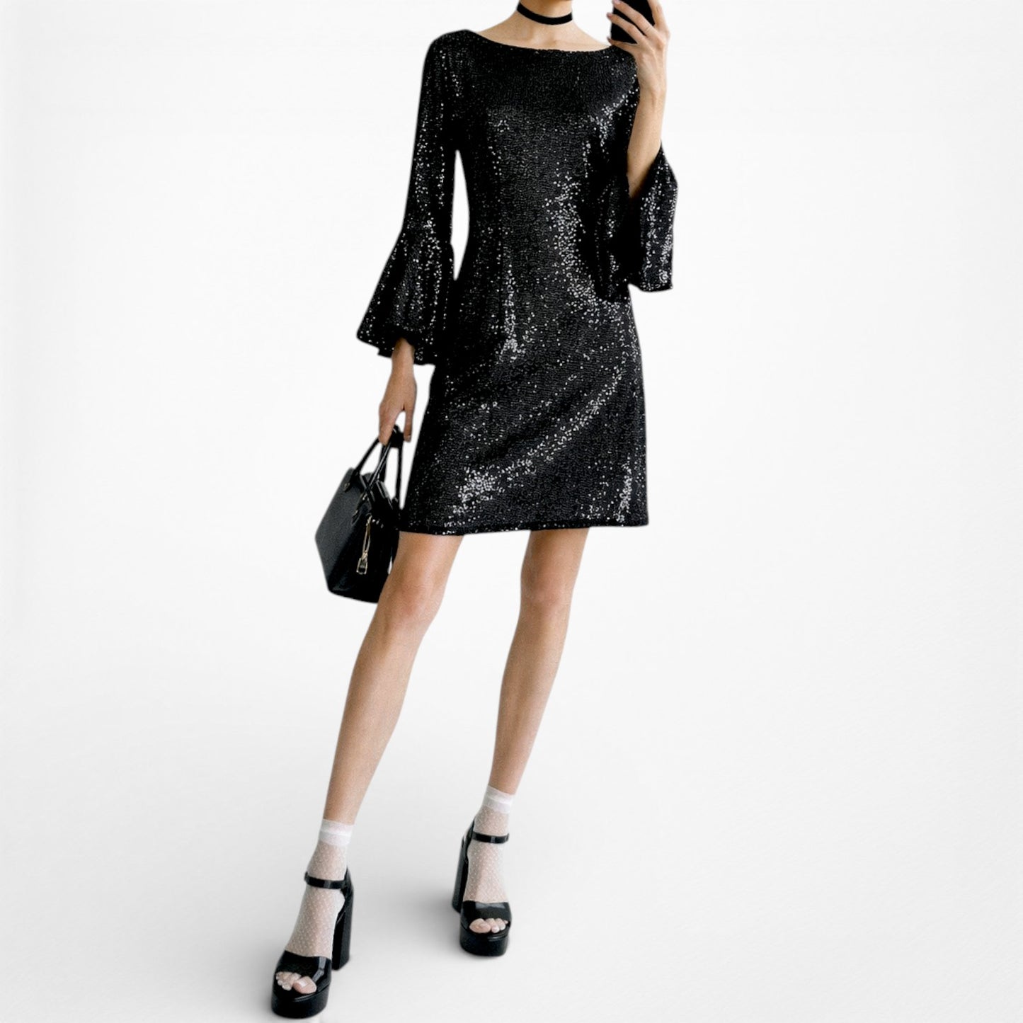 Vintage Y2K Black Sequin Long Flutter Bell Sleeve Knee Length Shift Dress Size M