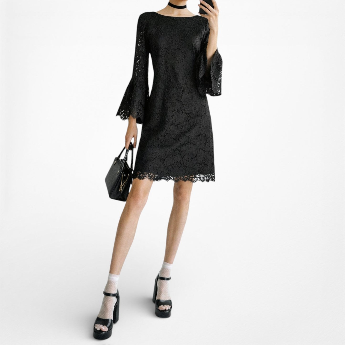 Vintage Y2K Long Bell Sleeve Lace Knee Length Cocktail Shift Dress Size M