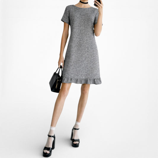 Vintage Y2K Gray Short Sleeve Tweed Style Ruffle Mini Shift Dress Size M